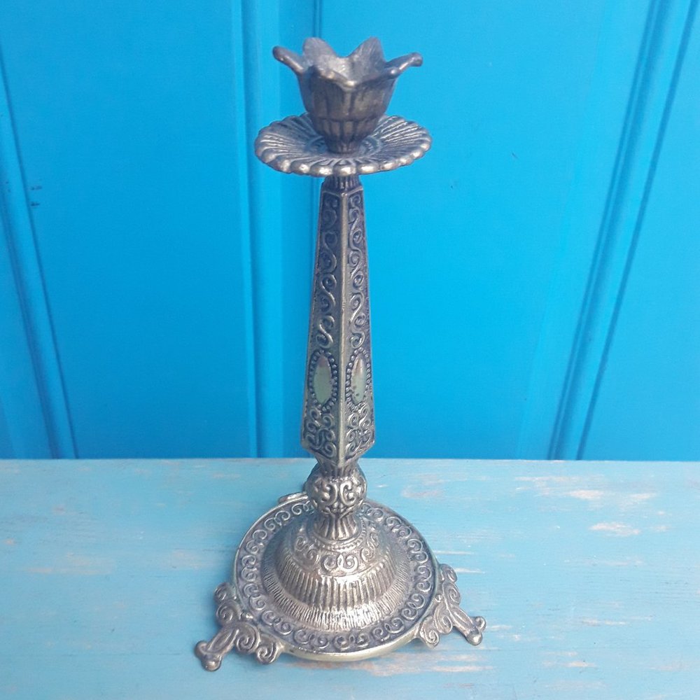 Brass Candlestick Metal Candle Holder Gothic Greek Revival Ornate Scrollwork